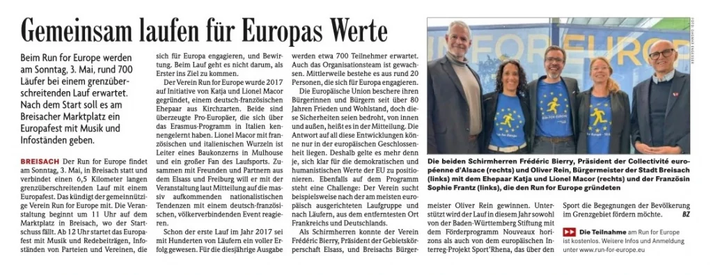 Artikel der Badischen Zeitung zur Veranstaltung "Run for Europe", vom 25.04.2026