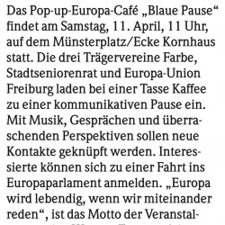 Kurzmeldung der Badischen Zeitung zum Termin der Blauen Pause am 11.04.2026